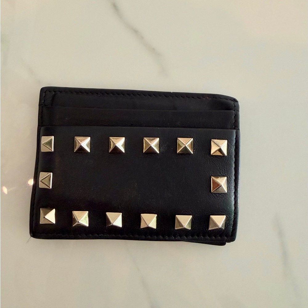 Valentino Black Leather Card Holder with Gold Studs